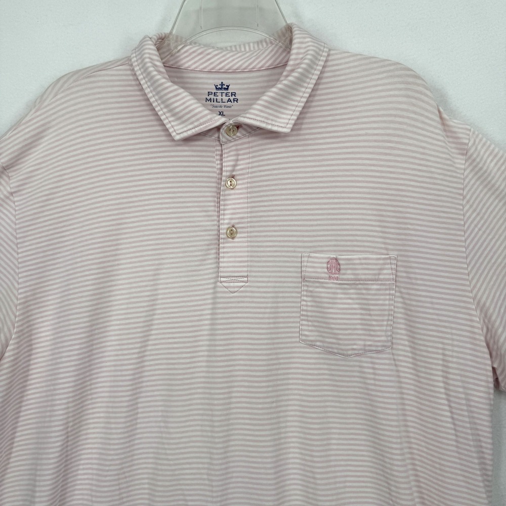 Peter Millar Polo Shirt Mens XL Pink Striped Seaside Wash‎ Cotton Blend Stretch